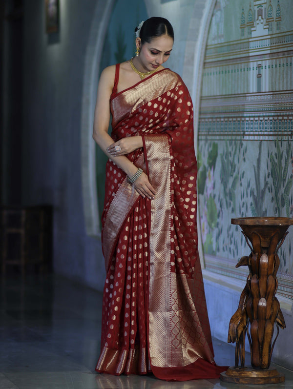 Banarasee Handwoven Georgette Saree With Zari Buta Design & Border-Maroon