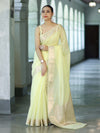 Banarasee Handloom Cotton Silk Plain Saree With Floral Zari Border-Light Yellow