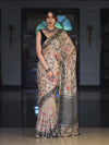 Banarasee Handwoven Semi-Tussar Saree With Embroidered Floral Motifs & Border-Beige & Black