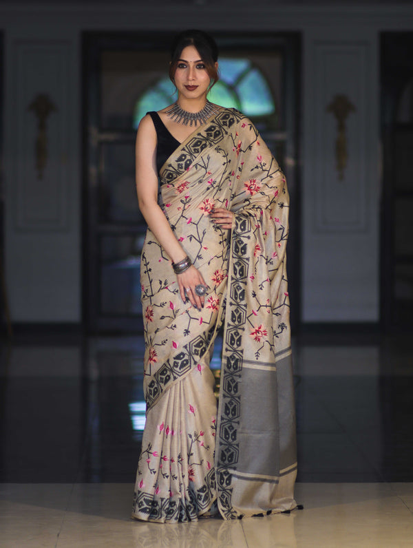 Banarasee Handwoven Semi-Tussar Saree With Embroidered Floral Motifs & Border-Beige & Black