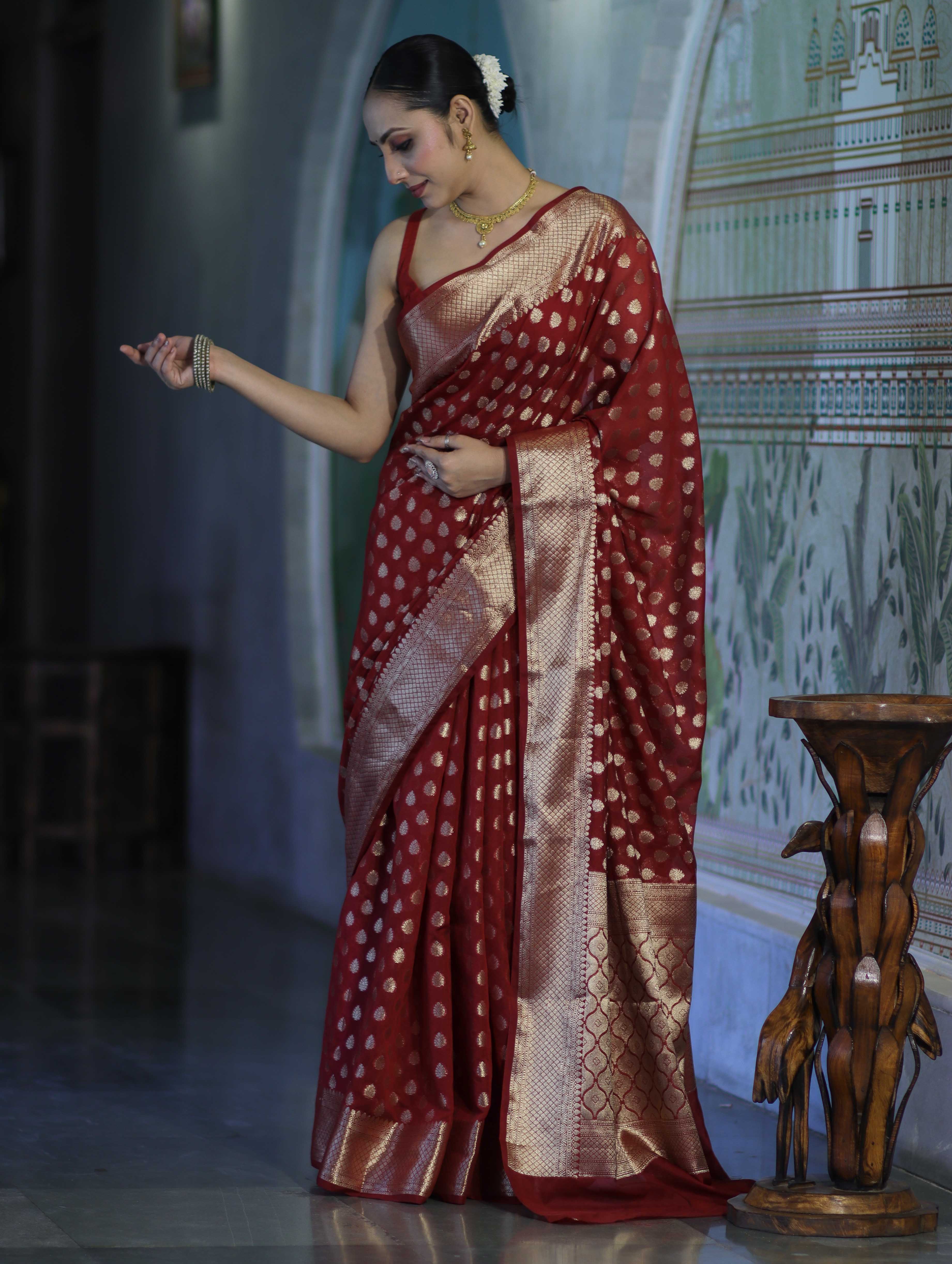 Banarasee Handwoven Georgette Saree With Zari Buta Design & Border-Maroon