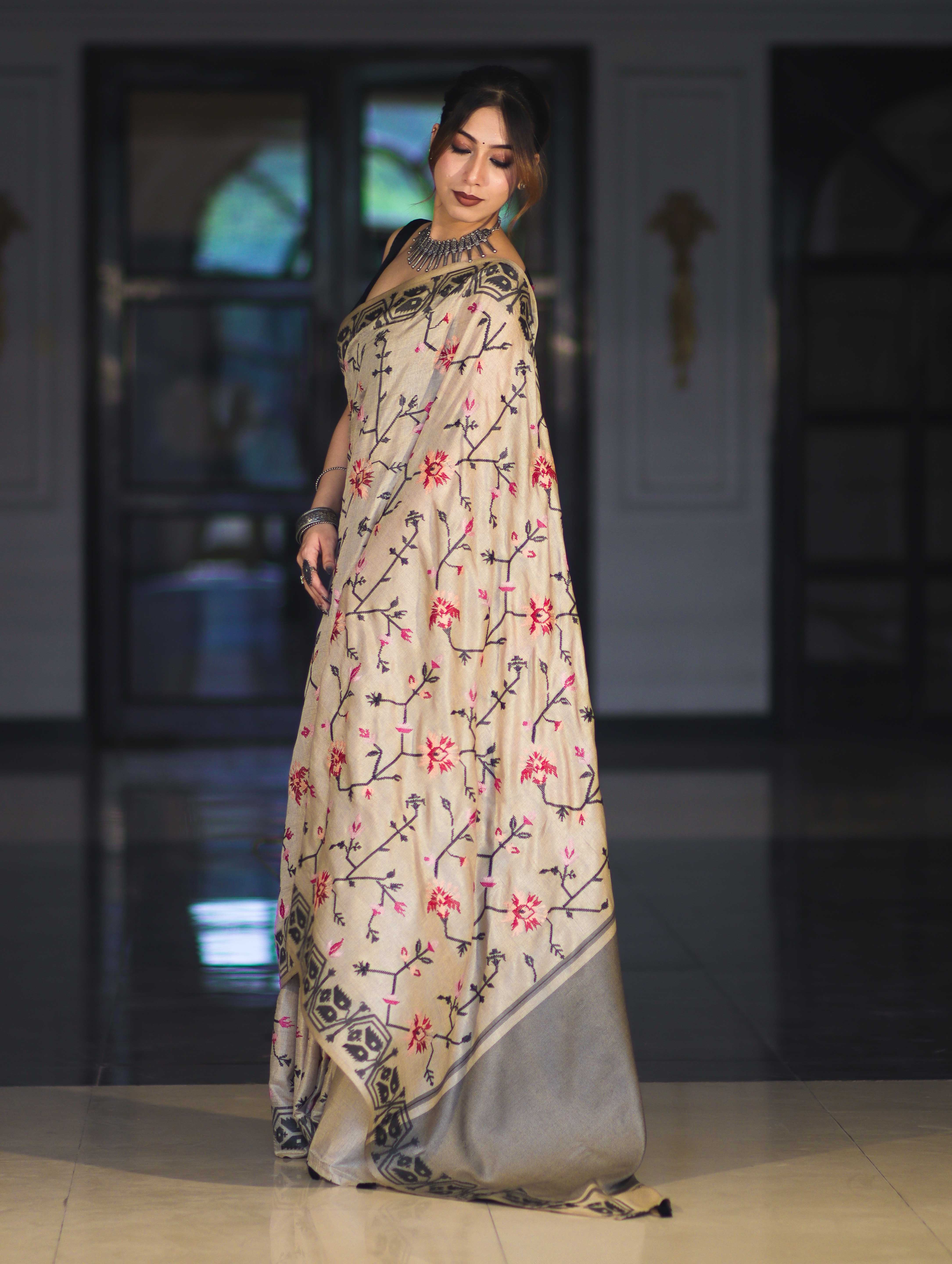 Banarasee Handwoven Semi-Tussar Saree With Embroidered Floral Motifs & Border-Beige & Black
