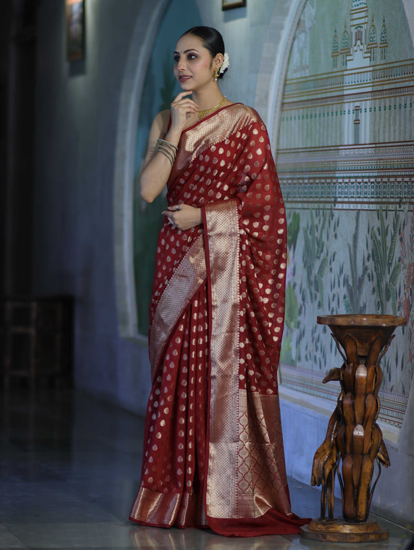 Banarasee Handwoven Georgette Saree With Zari Buta Design & Border-Maroon