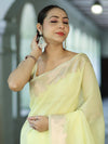Banarasee Handloom Cotton Silk Plain Saree With Floral Zari Border-Light Yellow
