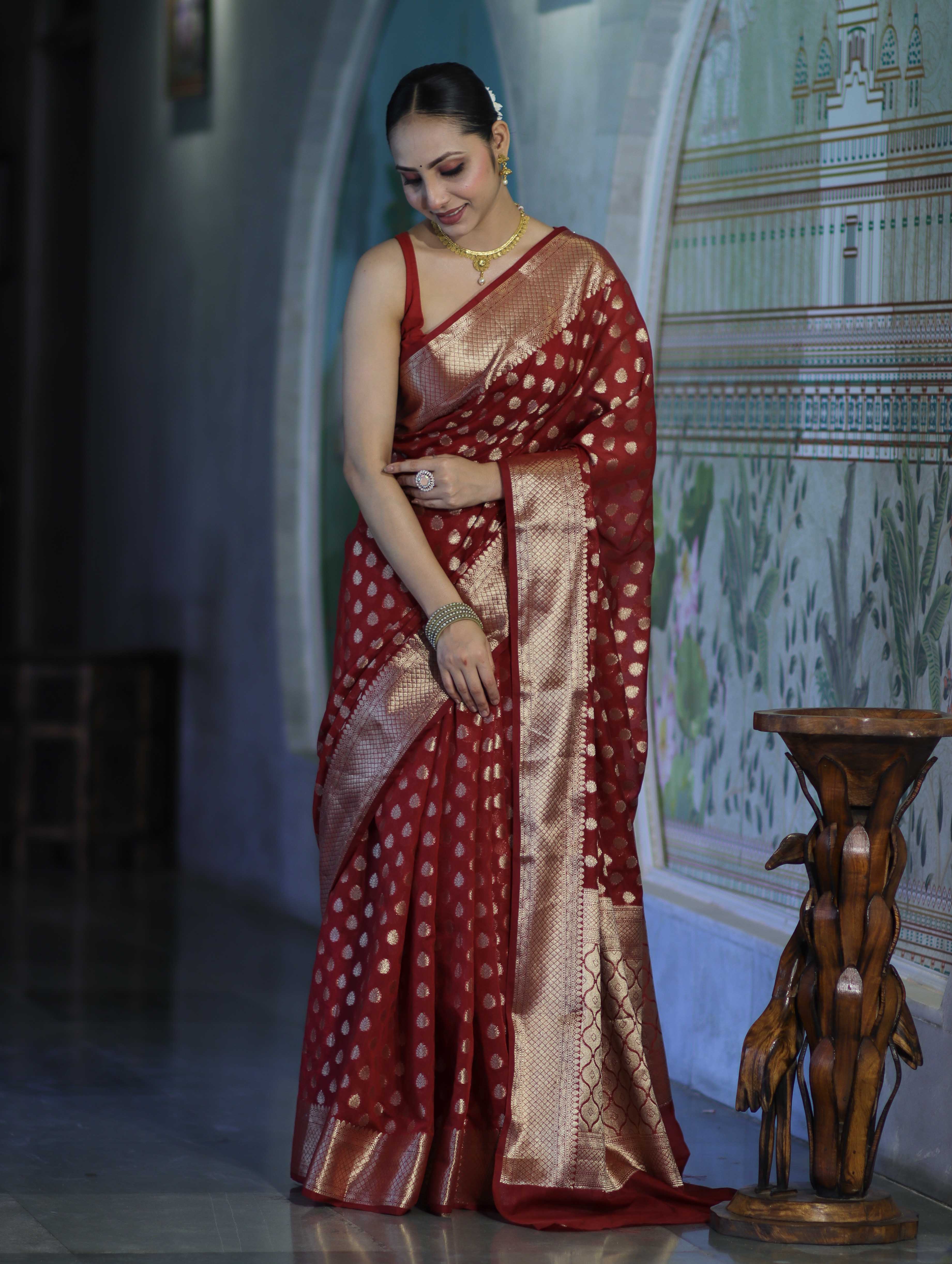 Banarasee Handwoven Georgette Saree With Zari Buta Design & Border-Maroon