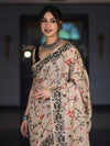 Banarasee Handwoven Semi-Tussar Saree With Embroidered Floral Motifs & Border-Beige & Black