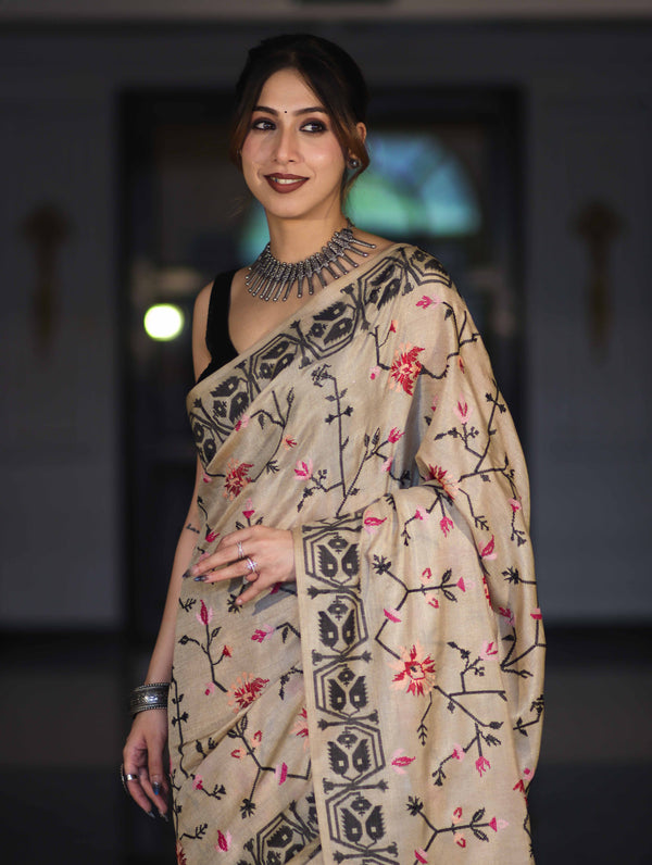Banarasee Handwoven Semi-Tussar Saree With Embroidered Floral Motifs & Border-Beige & Black