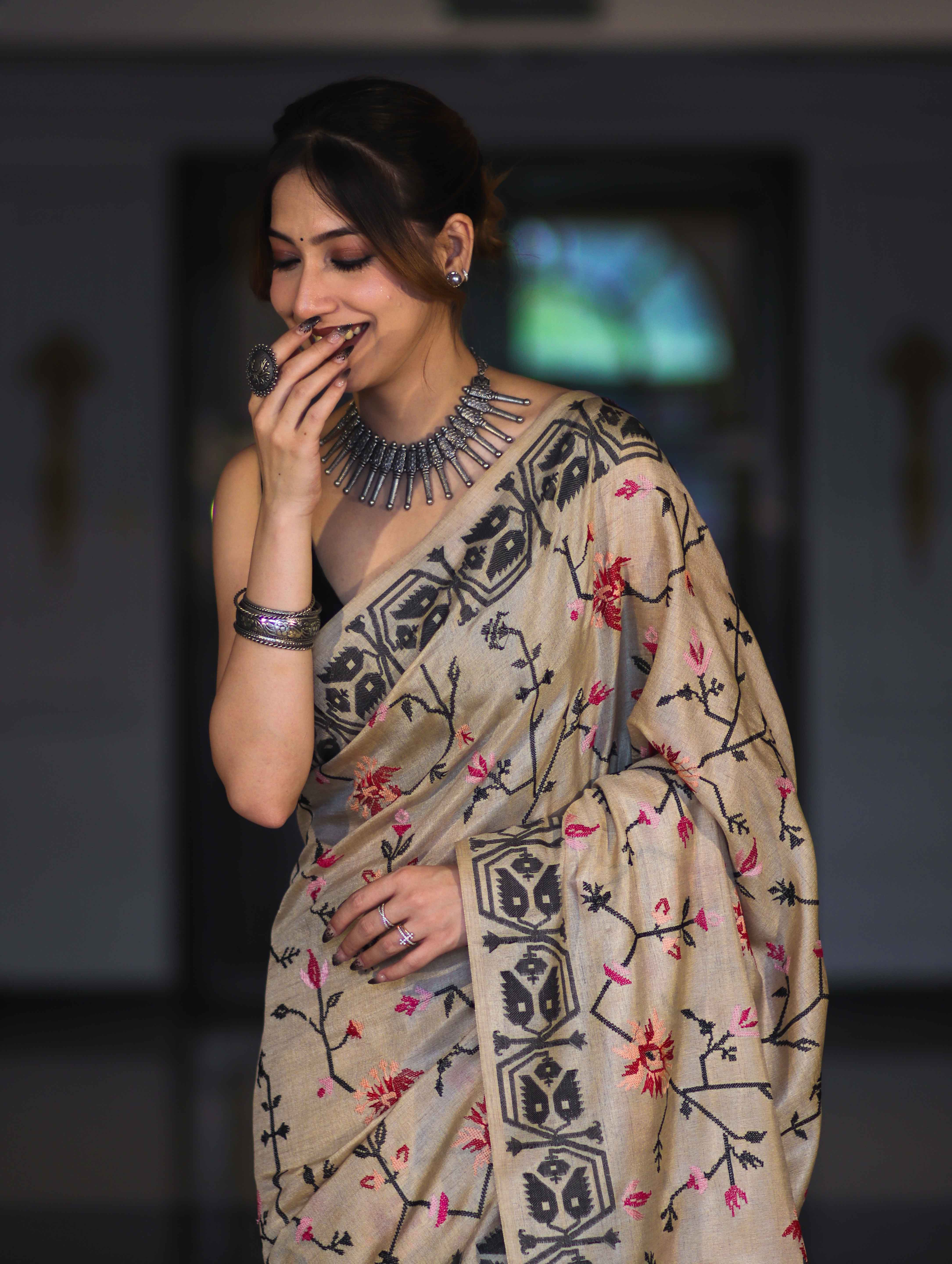 Banarasee Handwoven Semi-Tussar Saree With Embroidered Floral Motifs & Border-Beige & Black