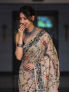 Banarasee Handwoven Semi-Tussar Saree With Embroidered Floral Motifs & Border-Beige & Black