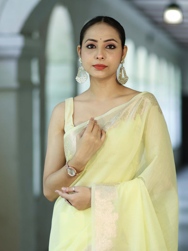 Banarasee Handloom Cotton Silk Plain Saree With Floral Zari Border-Light Yellow