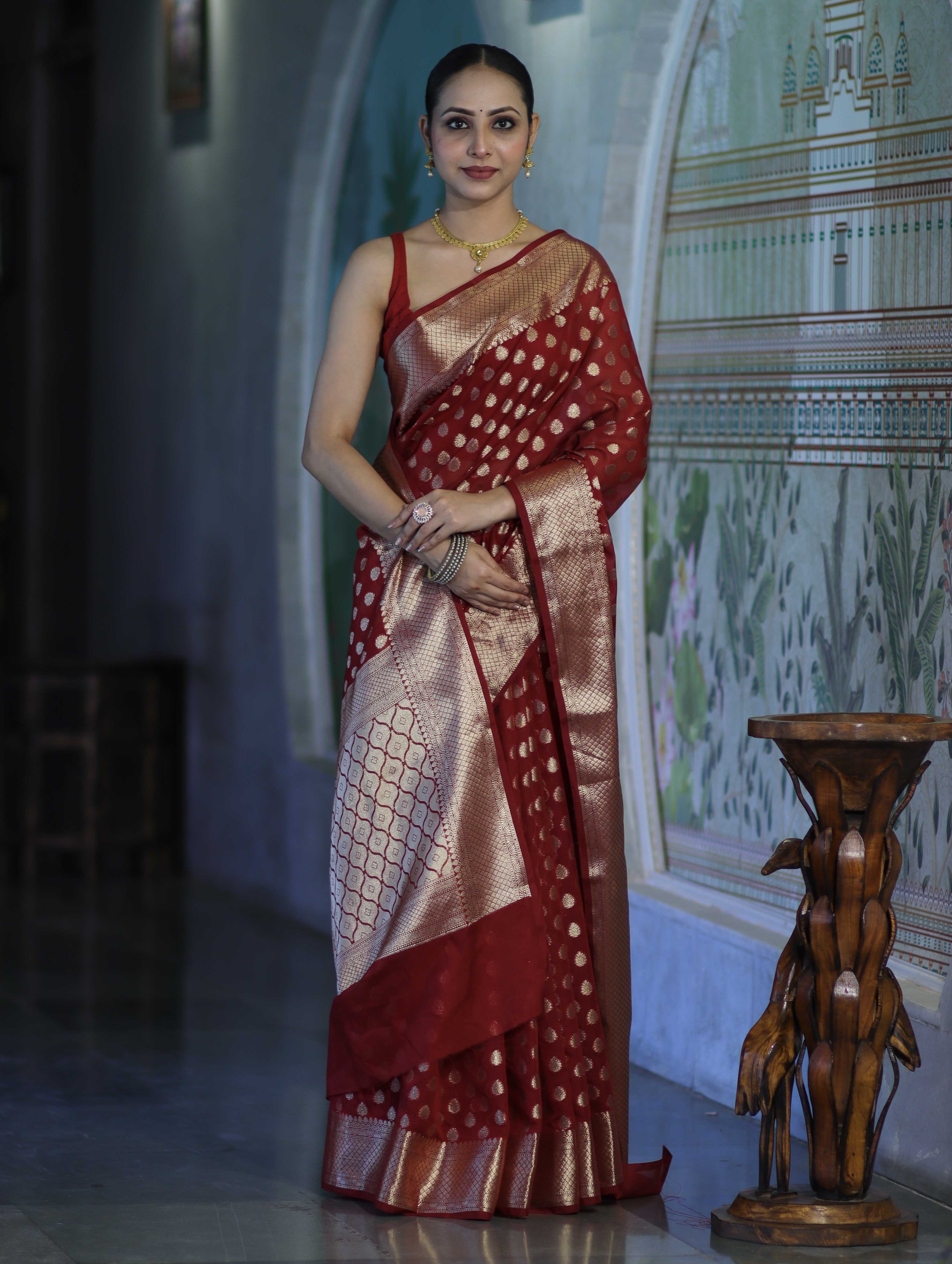 Banarasee Handwoven Georgette Saree With Zari Buta Design & Border-Maroon