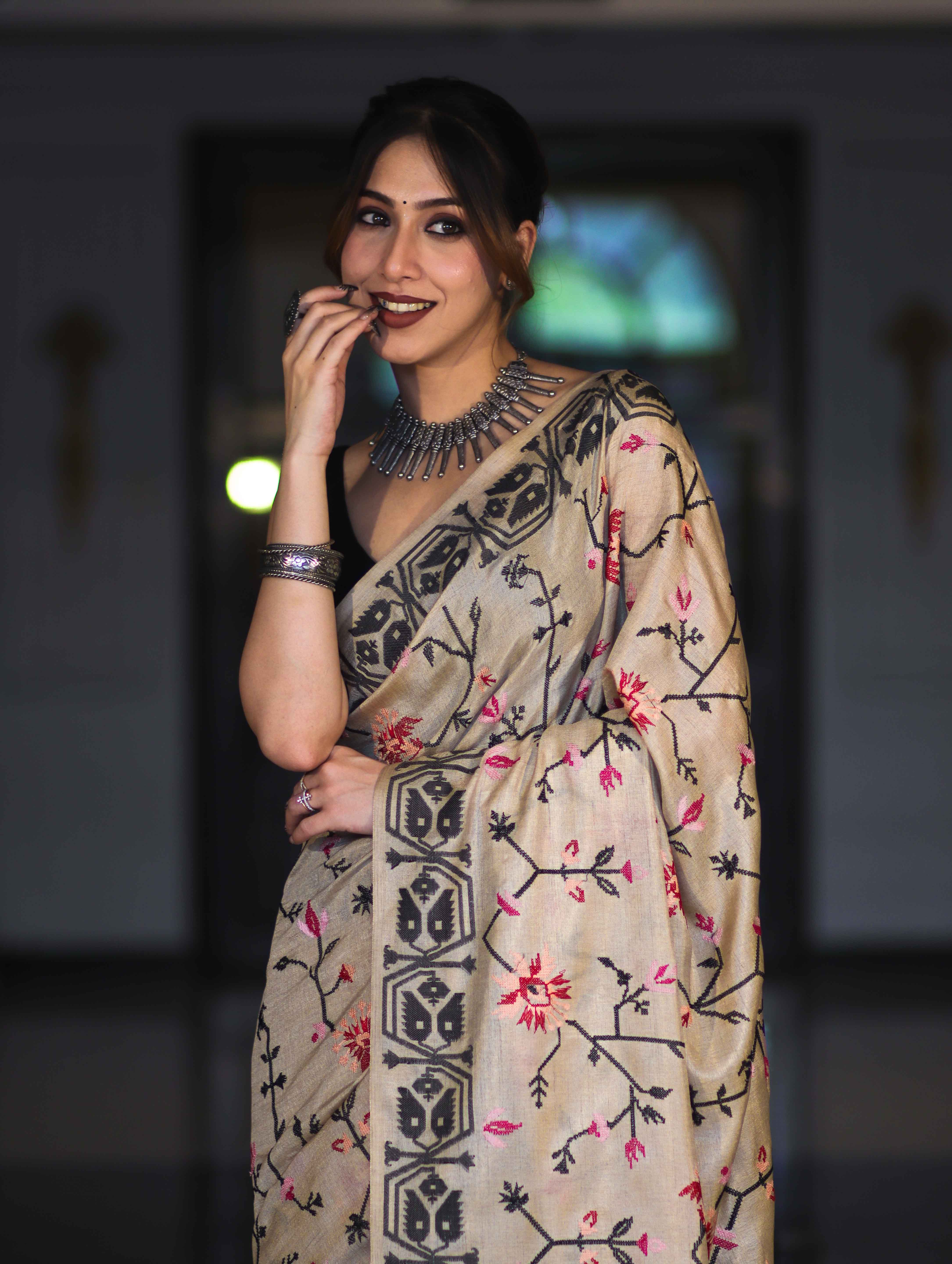Banarasee Handwoven Semi-Tussar Saree With Embroidered Floral Motifs & Border-Beige & Black