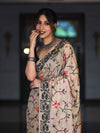 Banarasee Handwoven Semi-Tussar Saree With Embroidered Floral Motifs & Border-Beige & Black