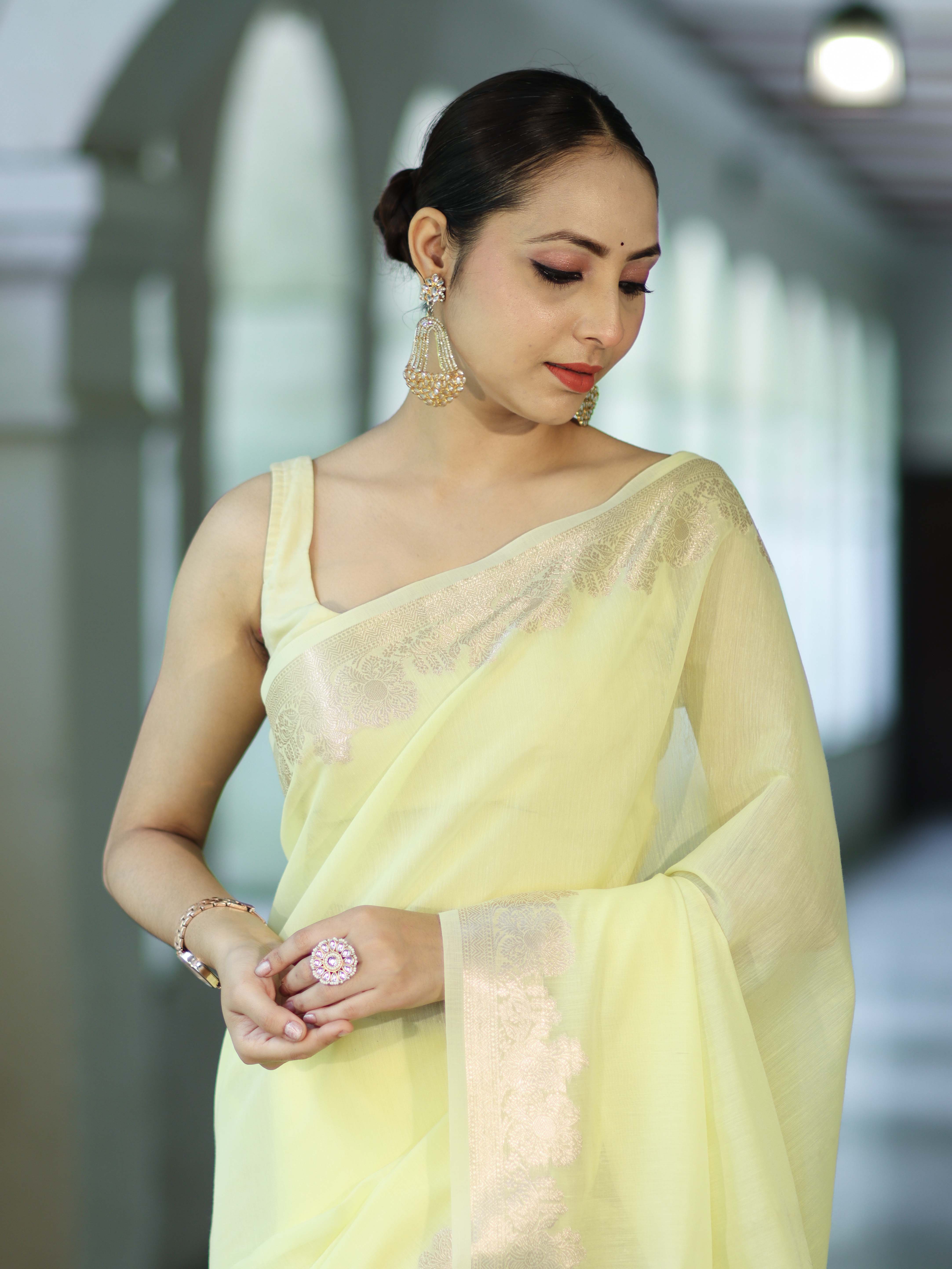 Banarasee Handloom Cotton Silk Plain Saree With Floral Zari Border-Light Yellow