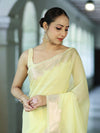 Banarasee Handloom Cotton Silk Plain Saree With Floral Zari Border-Light Yellow