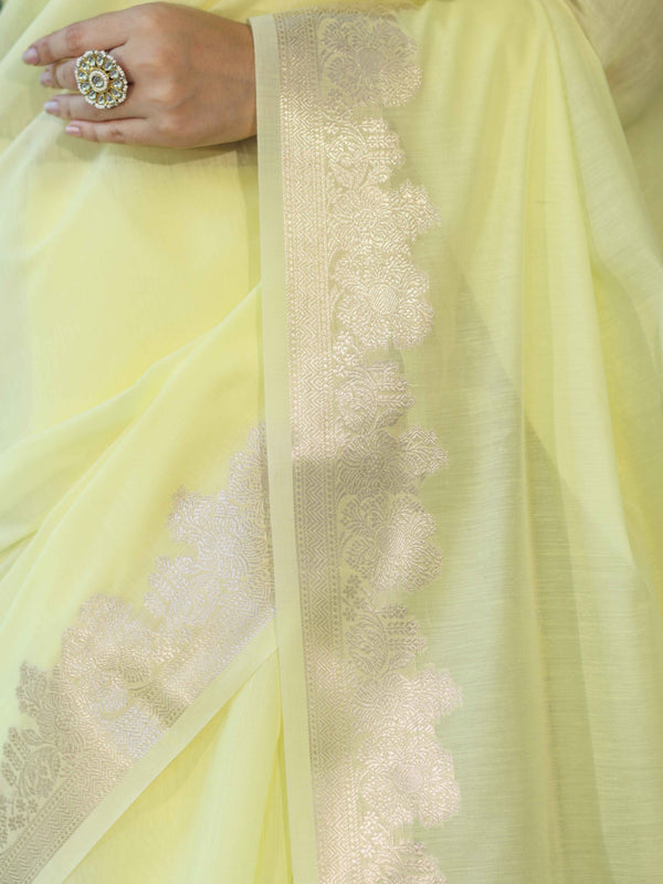 Banarasee Handloom Cotton Silk Plain Saree With Floral Zari Border-Light Yellow
