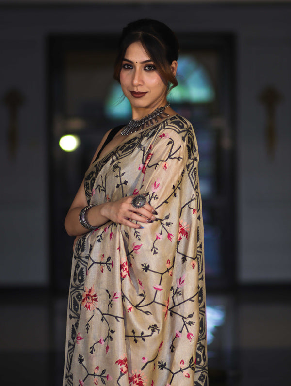 Banarasee Handwoven Semi-Tussar Saree With Embroidered Floral Motifs & Border-Beige & Black