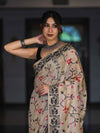 Banarasee Handwoven Semi-Tussar Saree With Embroidered Floral Motifs & Border-Beige & Black