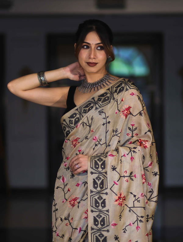 Banarasee Handwoven Semi-Tussar Saree With Embroidered Floral Motifs & Border-Beige & Black