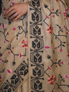 Banarasee Handwoven Semi-Tussar Saree With Embroidered Floral Motifs & Border-Beige & Black