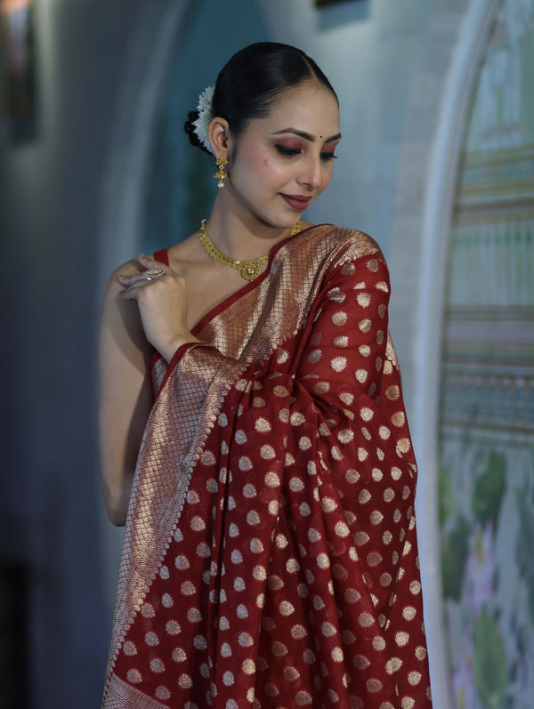 Banarasee Handwoven Georgette Saree With Zari Buta Design & Border-Maroon