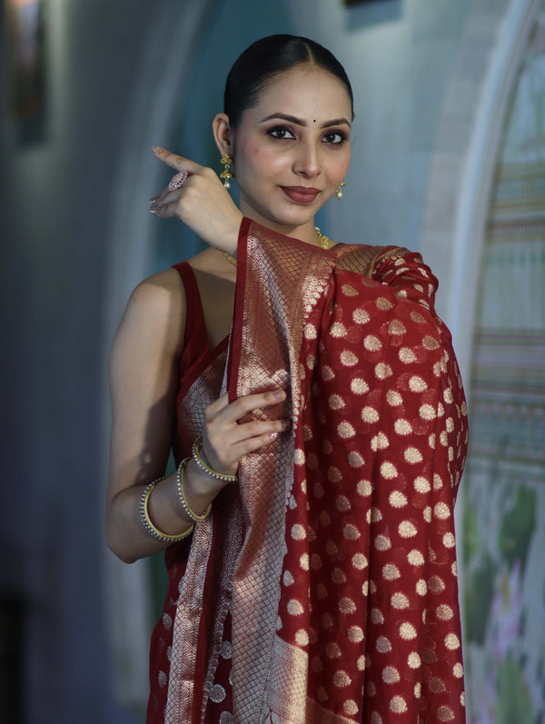 Banarasee Handwoven Georgette Saree With Zari Buta Design & Border-Maroon