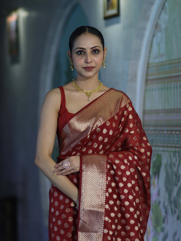 Banarasee Handwoven Georgette Saree With Zari Buta Design & Border-Maroon