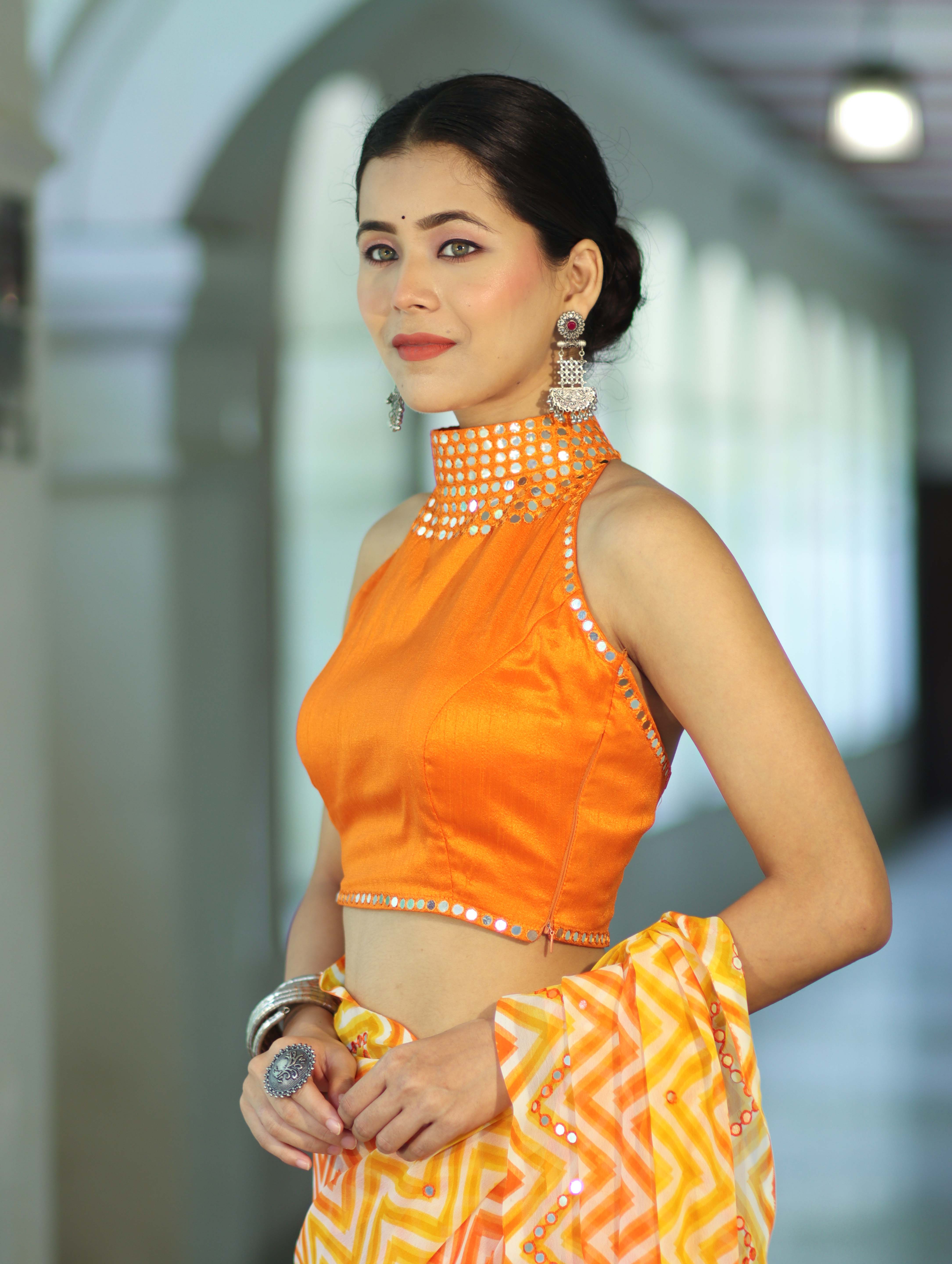 Banarasee Art Silk Fabric Hand Embroidered Mirror Work Blouse-Orange