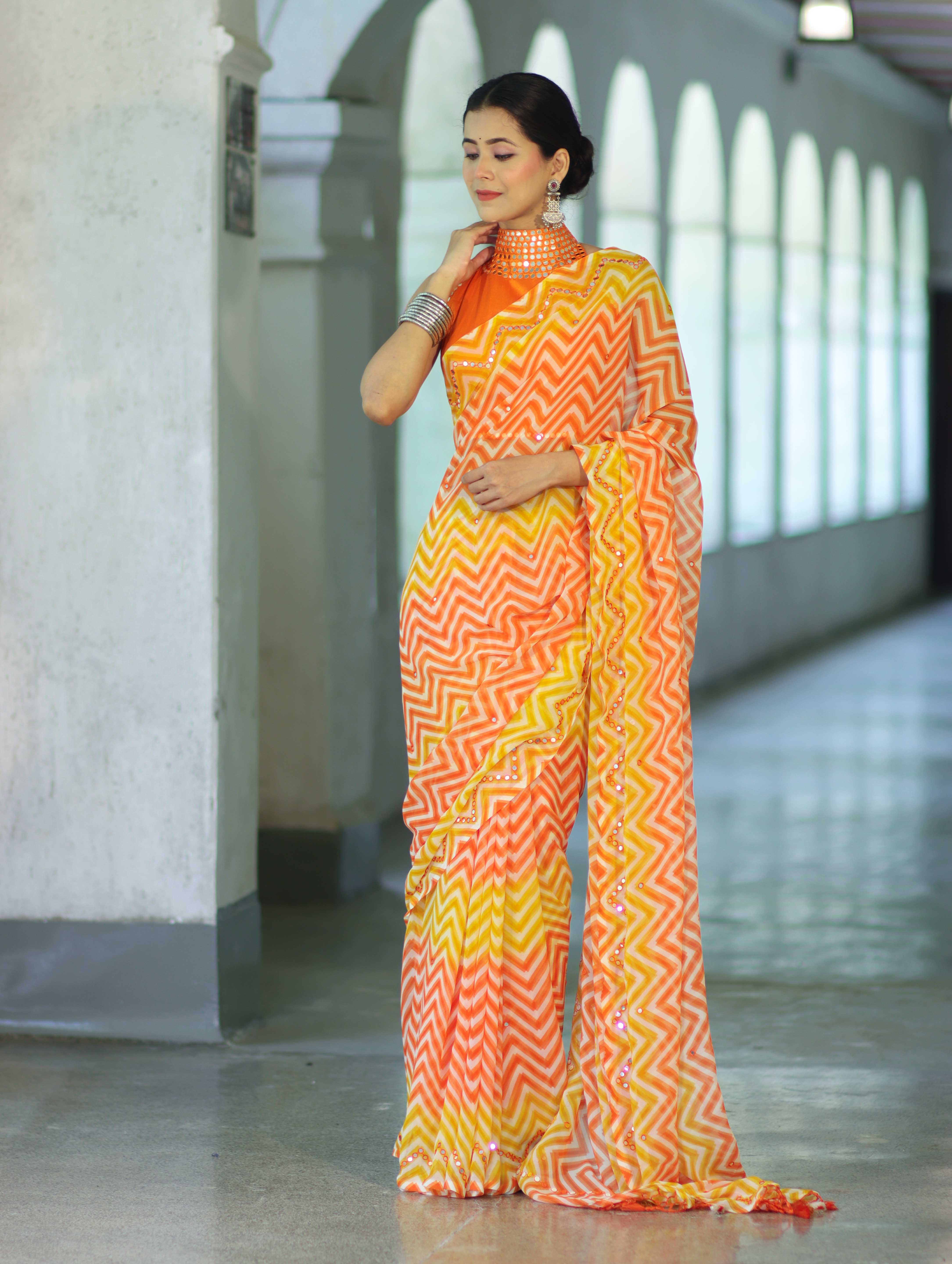 Banarasee Printed Handwork Chiffon Saree-Orange & Yellow