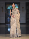 Banarasee Handloom Chanderi Cotton Saree With Hand Embroidered Floral Design-Beige