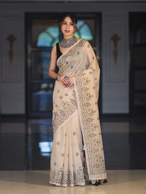 Banarasee Handloom Chanderi Cotton Saree With Hand Embroidered Floral Design-Beige