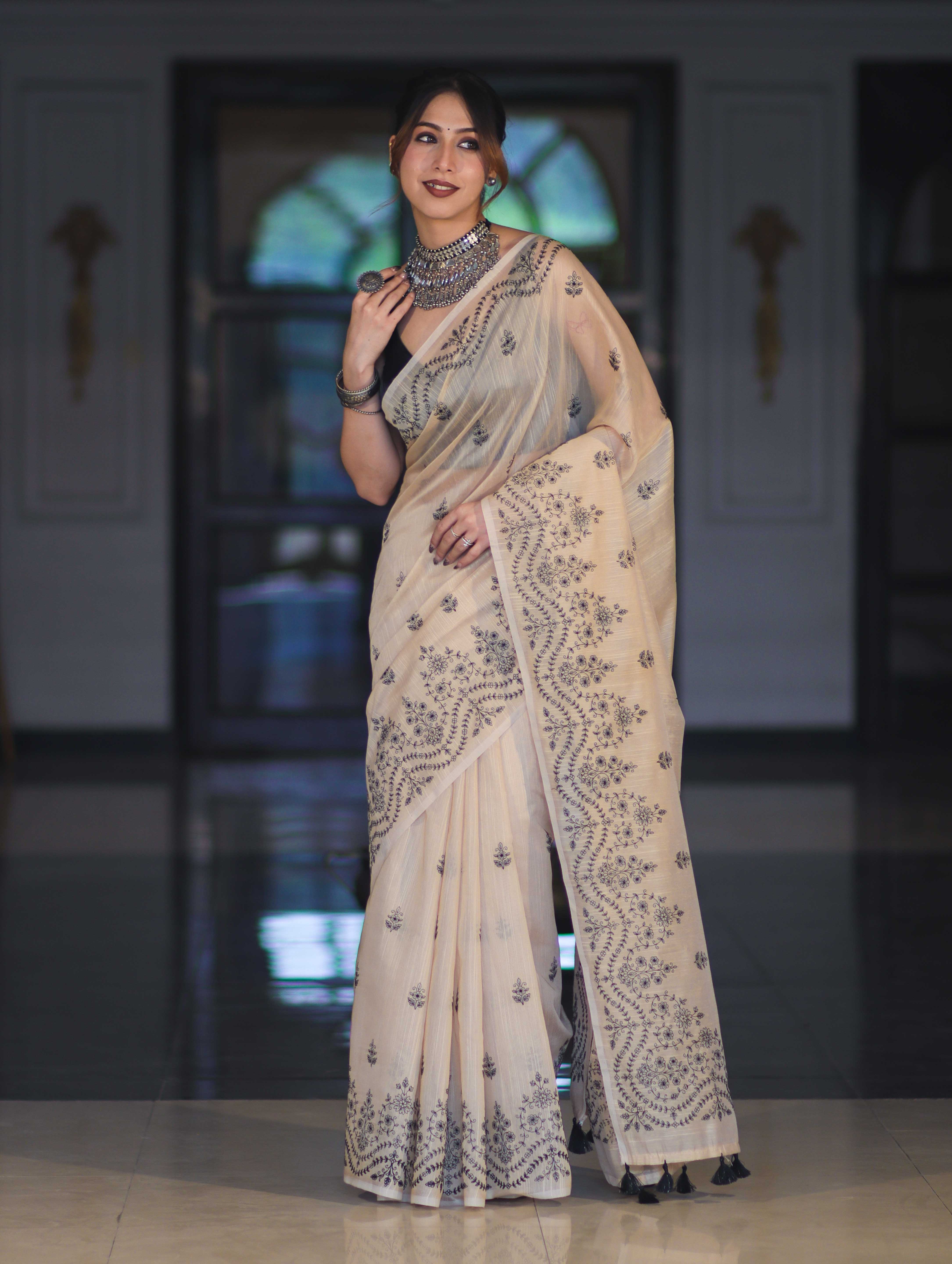 Banarasee Handloom Chanderi Cotton Saree With Hand Embroidered Floral Design-Beige