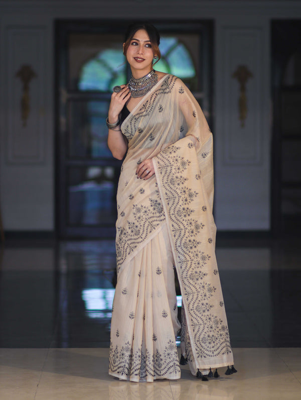 Banarasee Handloom Chanderi Cotton Saree With Hand Embroidered Floral Design-Beige