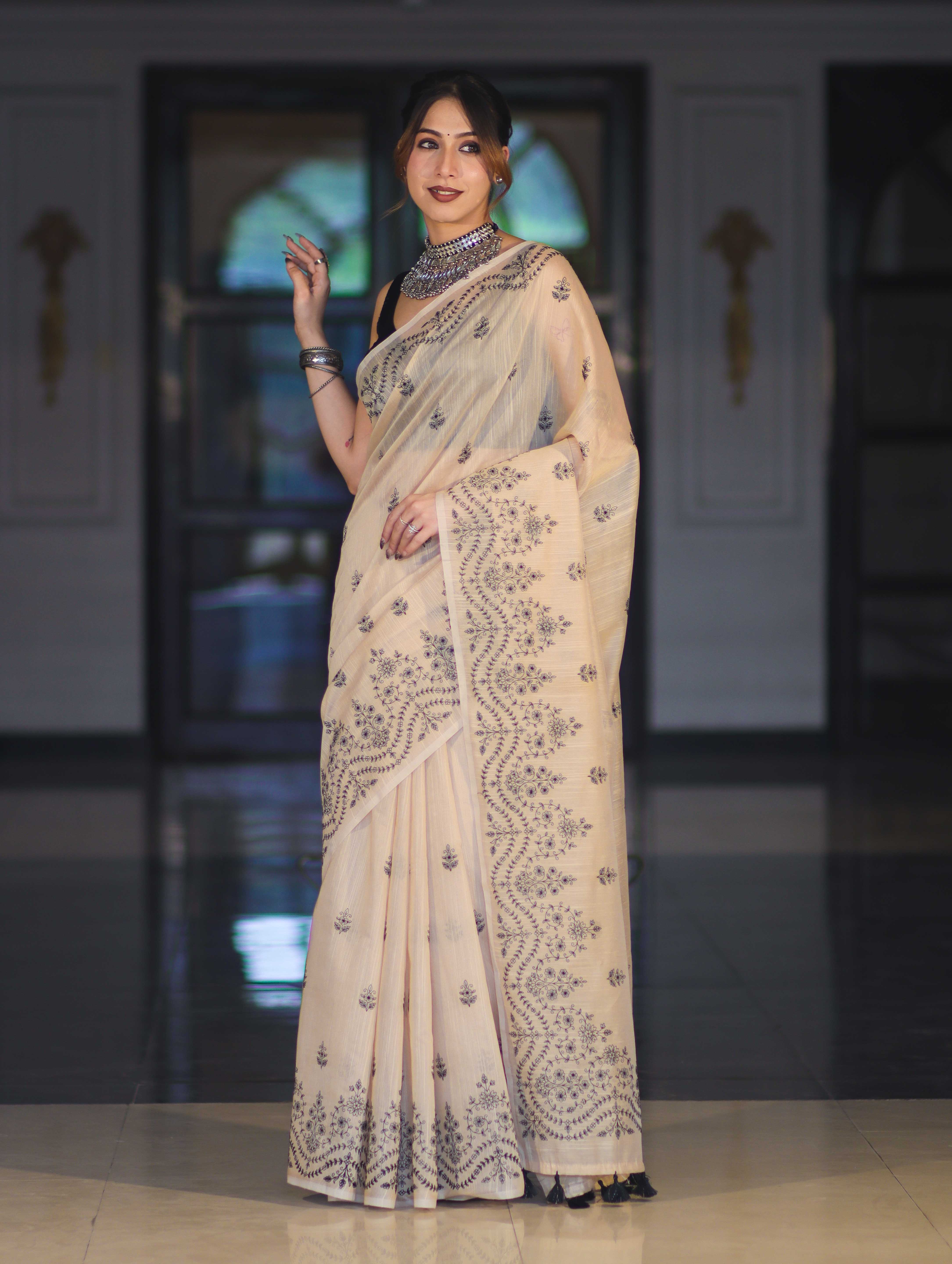 Banarasee Handloom Chanderi Cotton Saree With Hand Embroidered Floral Design-Beige