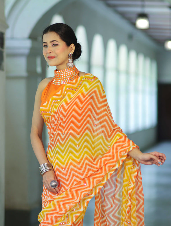 Banarasee Printed Handwork Chiffon Saree-Orange & Yellow