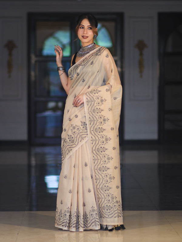 Banarasee Handloom Chanderi Cotton Saree With Hand Embroidered Floral Design-Beige