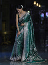 Banarasee Handloom Mashru Silk Saree With Heavy Zari Jaal & Lace Border-Green