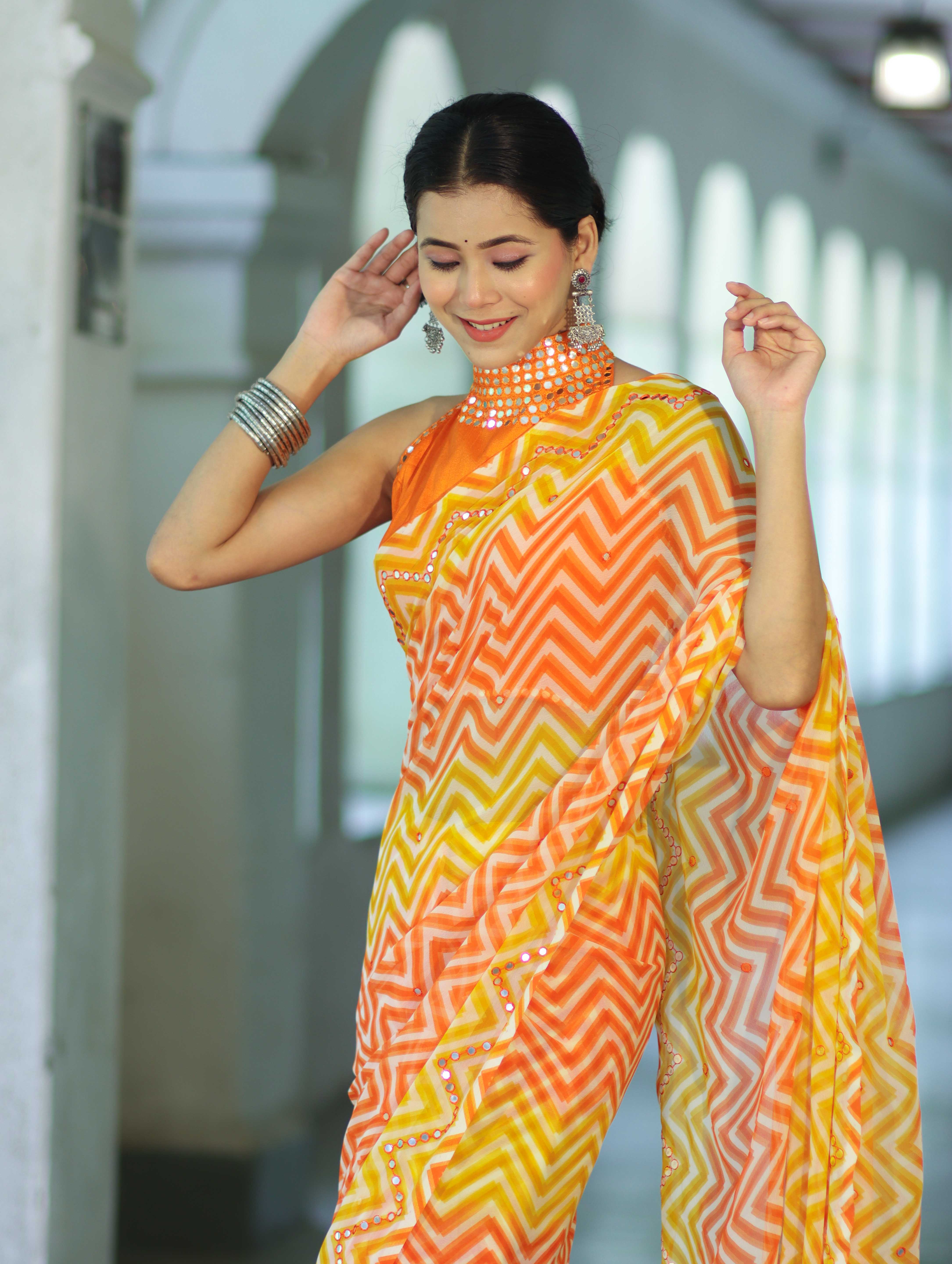 Banarasee Printed Handwork Chiffon Saree-Orange & Yellow