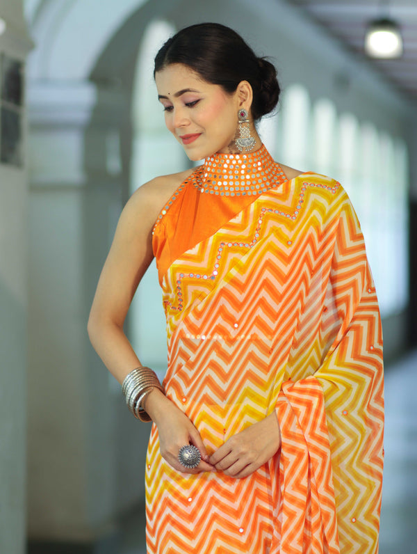 Banarasee Printed Handwork Chiffon Saree-Orange & Yellow