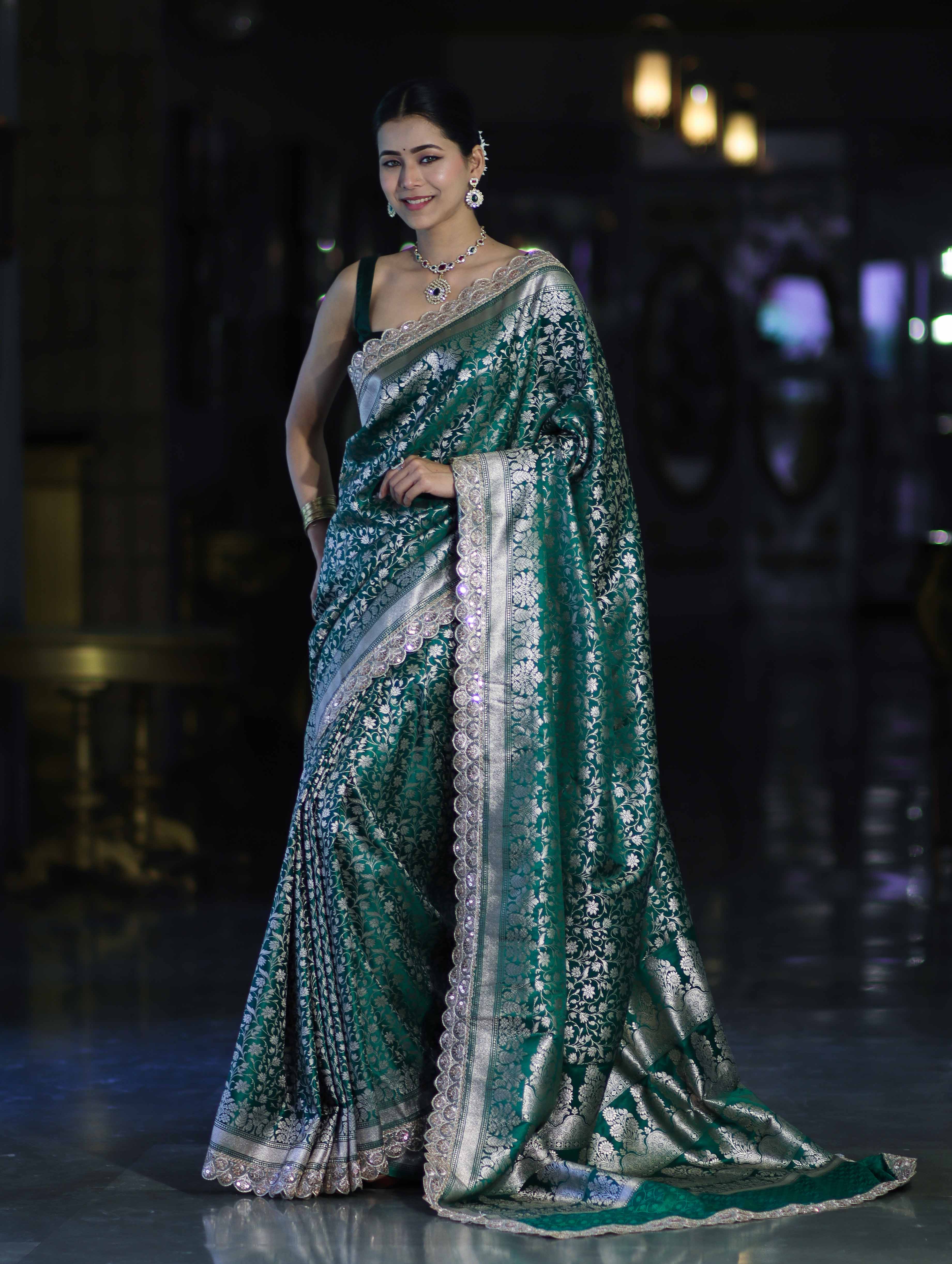 Banarasee Handloom Mashru Silk Saree With Heavy Zari Jaal & Lace Border-Green