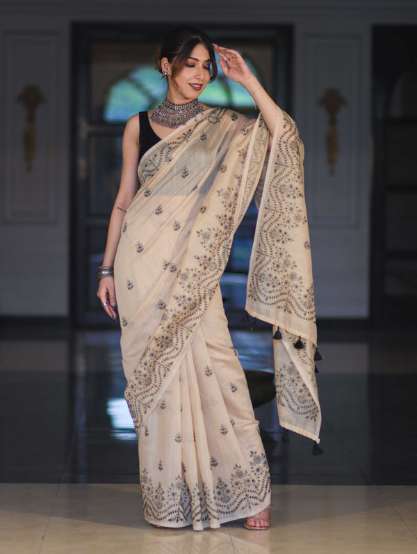 Banarasee Handloom Chanderi Cotton Saree With Hand Embroidered Floral Design-Beige
