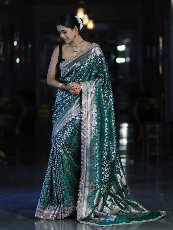 Banarasee Handloom Mashru Silk Saree With Heavy Zari Jaal & Lace Border-Green