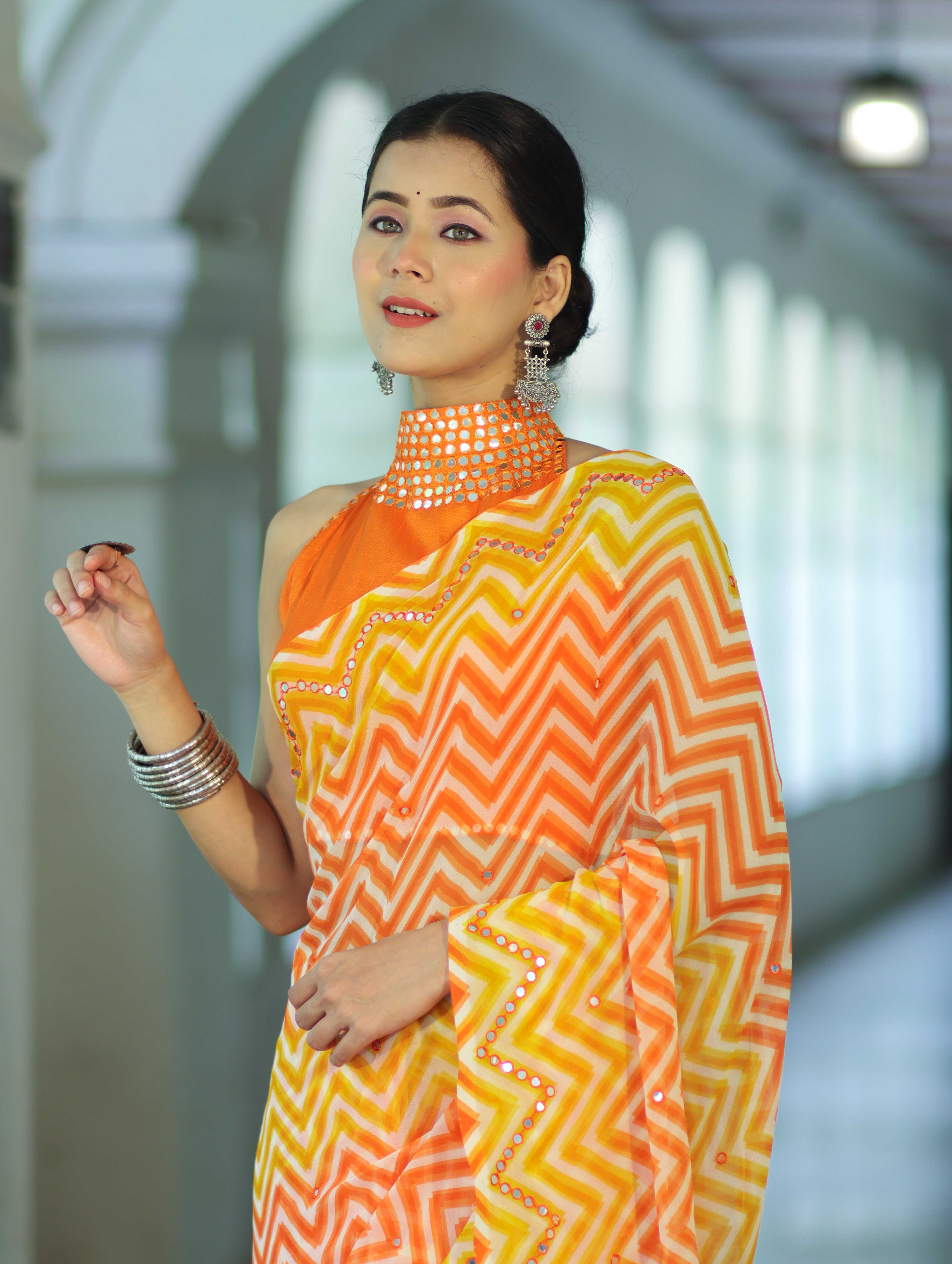 Banarasee Printed Handwork Chiffon Saree-Orange & Yellow