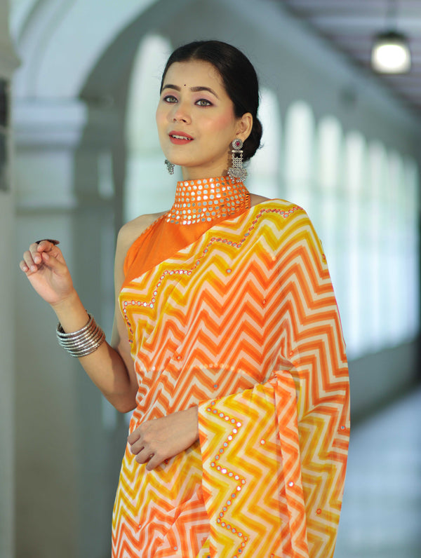 Banarasee Printed Handwork Chiffon Saree-Orange & Yellow