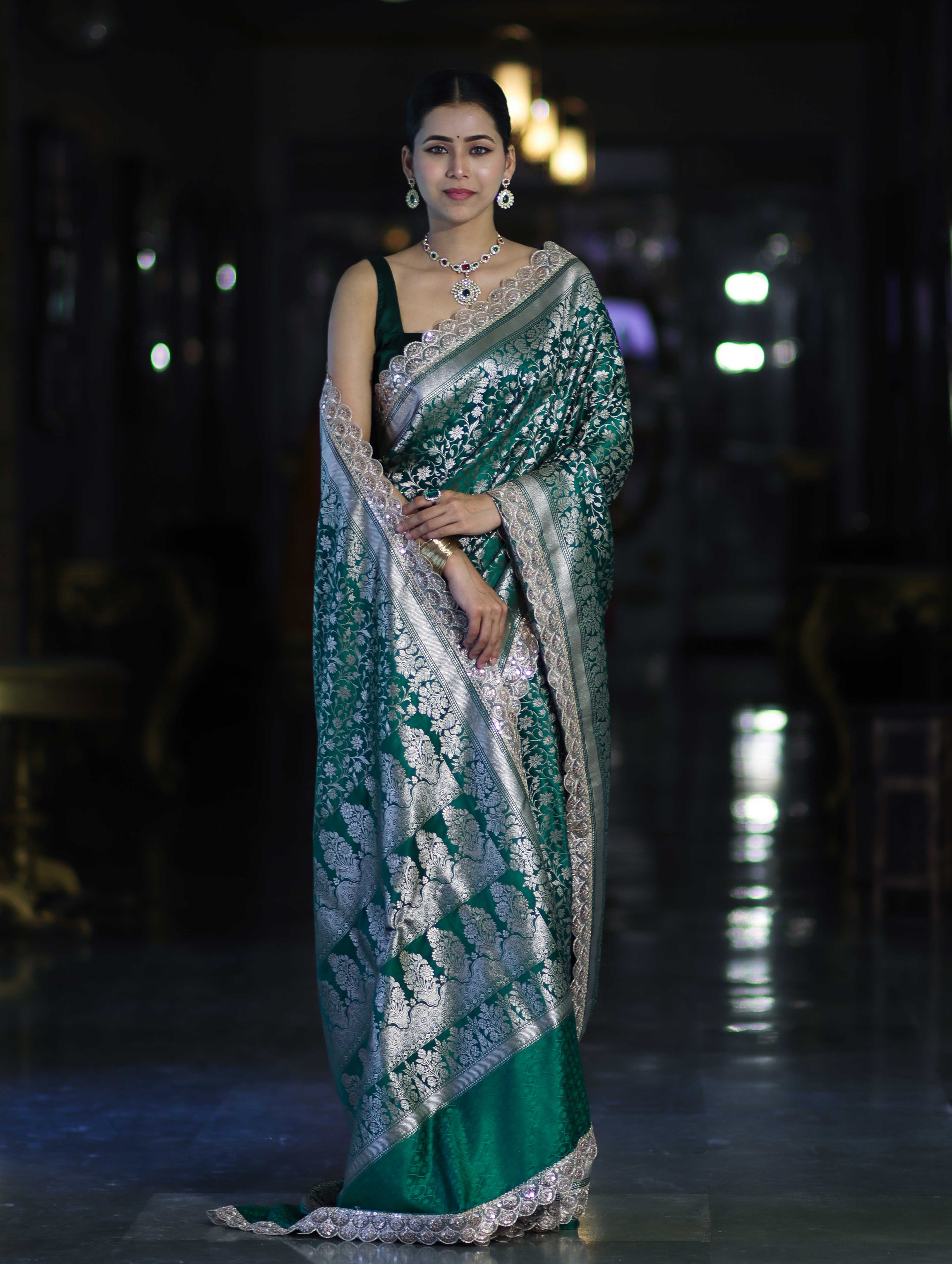 Banarasee Handloom Mashru Silk Saree With Heavy Zari Jaal & Lace Border-Green