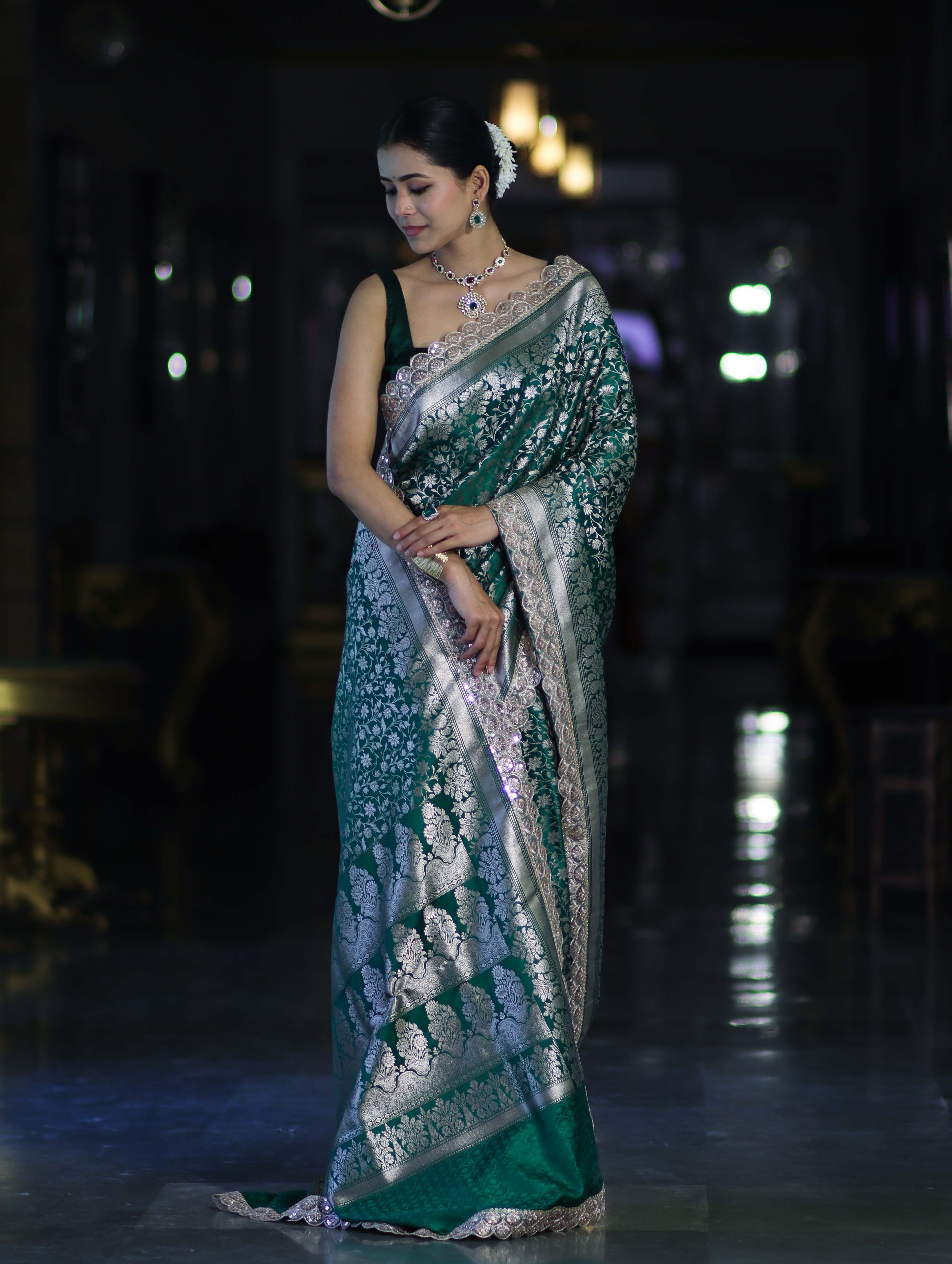 Banarasee Handloom Mashru Silk Saree With Heavy Zari Jaal & Lace Border-Green