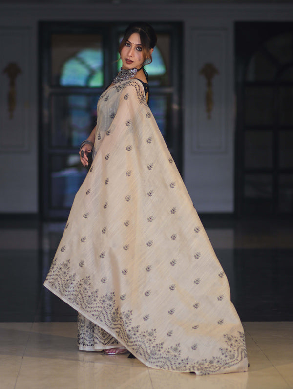 Banarasee Handloom Chanderi Cotton Saree With Hand Embroidered Floral Design-Beige
