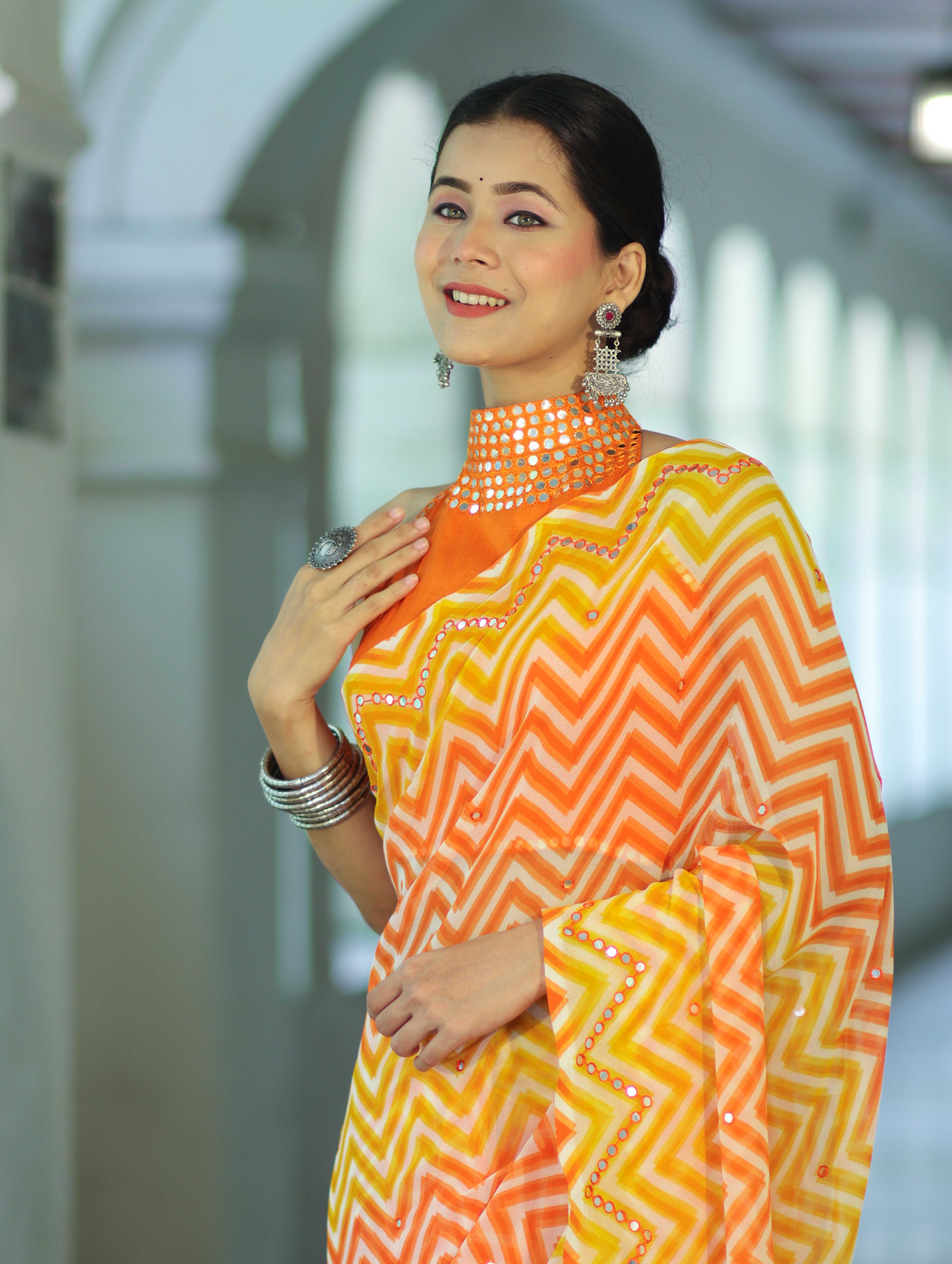 Banarasee Printed Handwork Chiffon Saree-Orange & Yellow