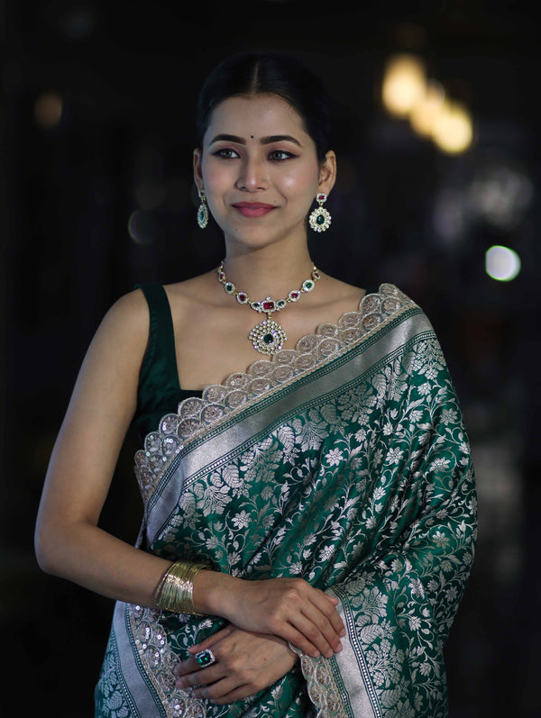 Banarasee Handloom Mashru Silk Saree With Heavy Zari Jaal & Lace Border-Green