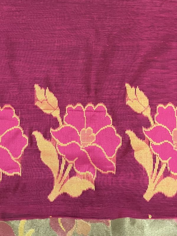 Banarasee Handwoven Tissue Saree With Resham Work & Contrast Border-Olive Green & Pink